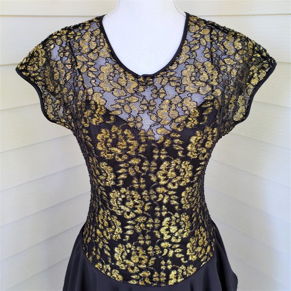 Vintatge 80s Union Made shimmery gold and black dress with drop waist - Picture 2 of 8